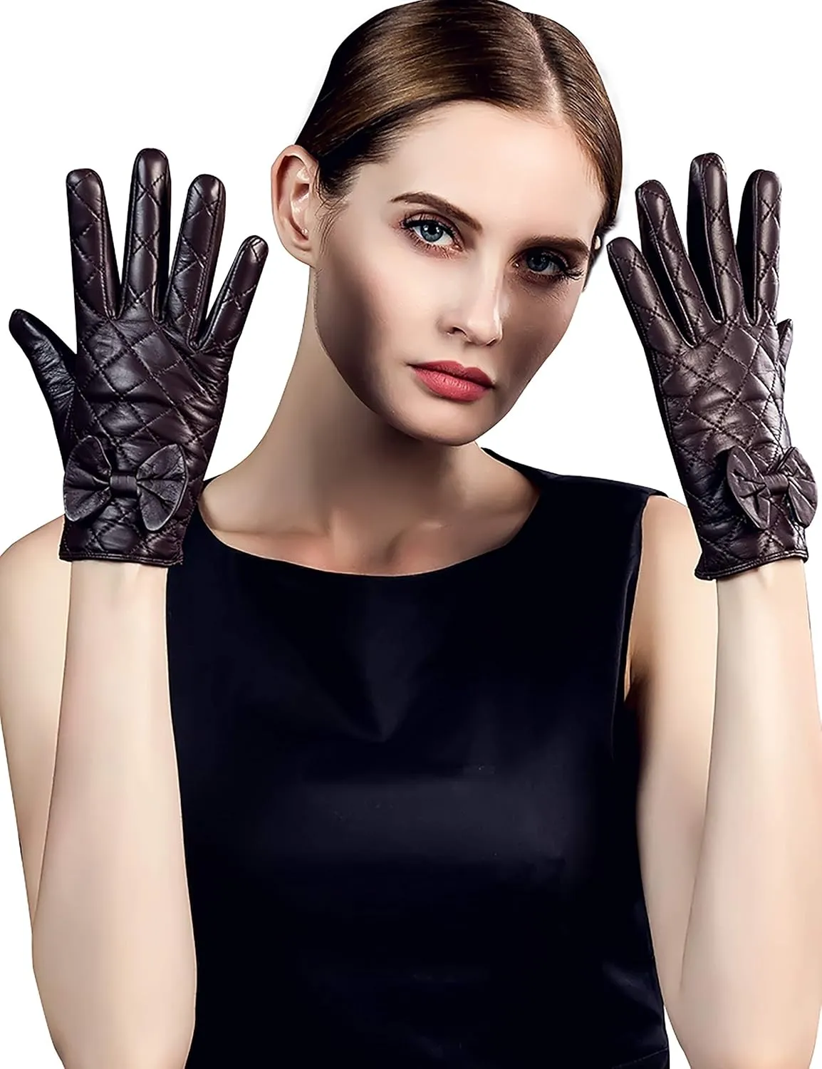 YISEVEN Women's Sheepskin Winter Driving Genuine Leather Gloves Lace Bow