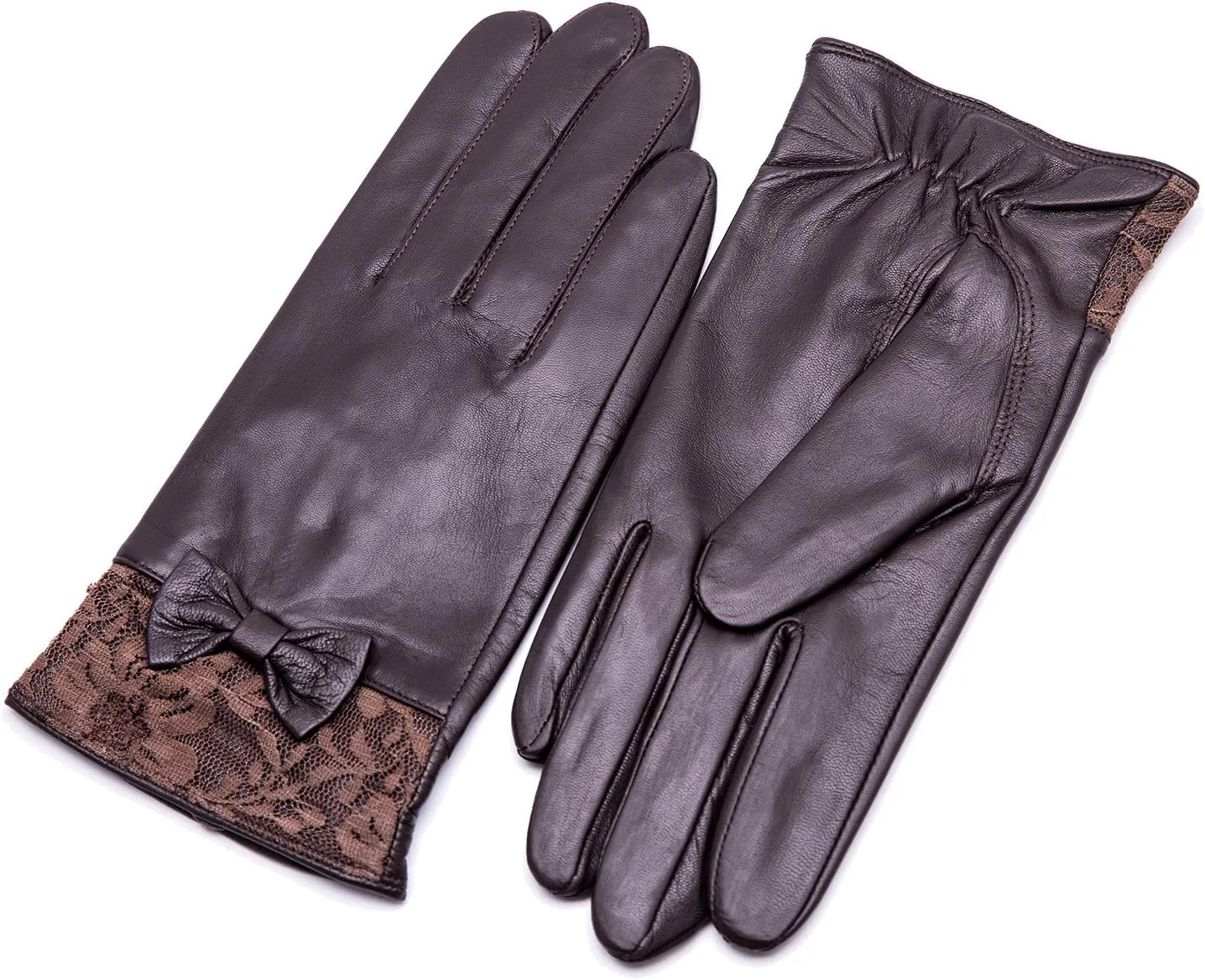 YISEVEN Women's Sheepskin Winter Driving Genuine Leather Gloves Lace Bow