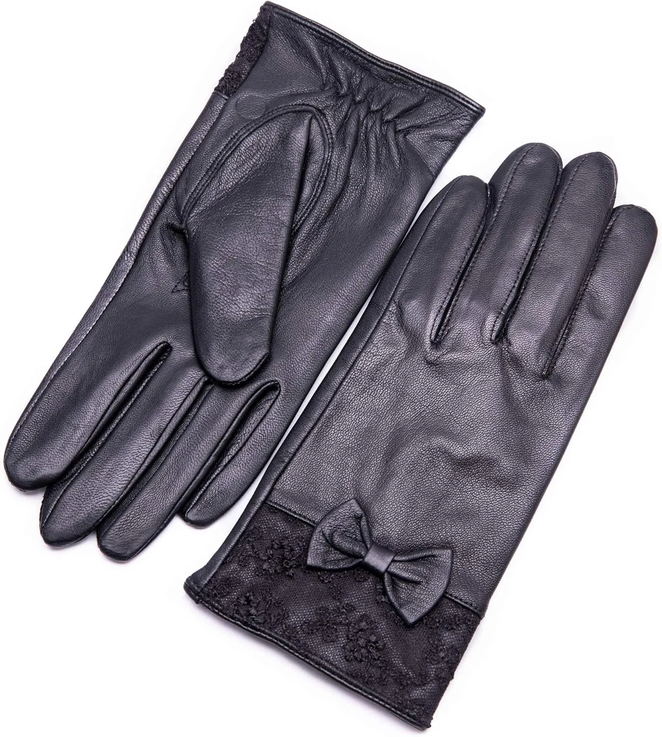 YISEVEN Women's Sheepskin Winter Driving Genuine Leather Gloves Lace Bow