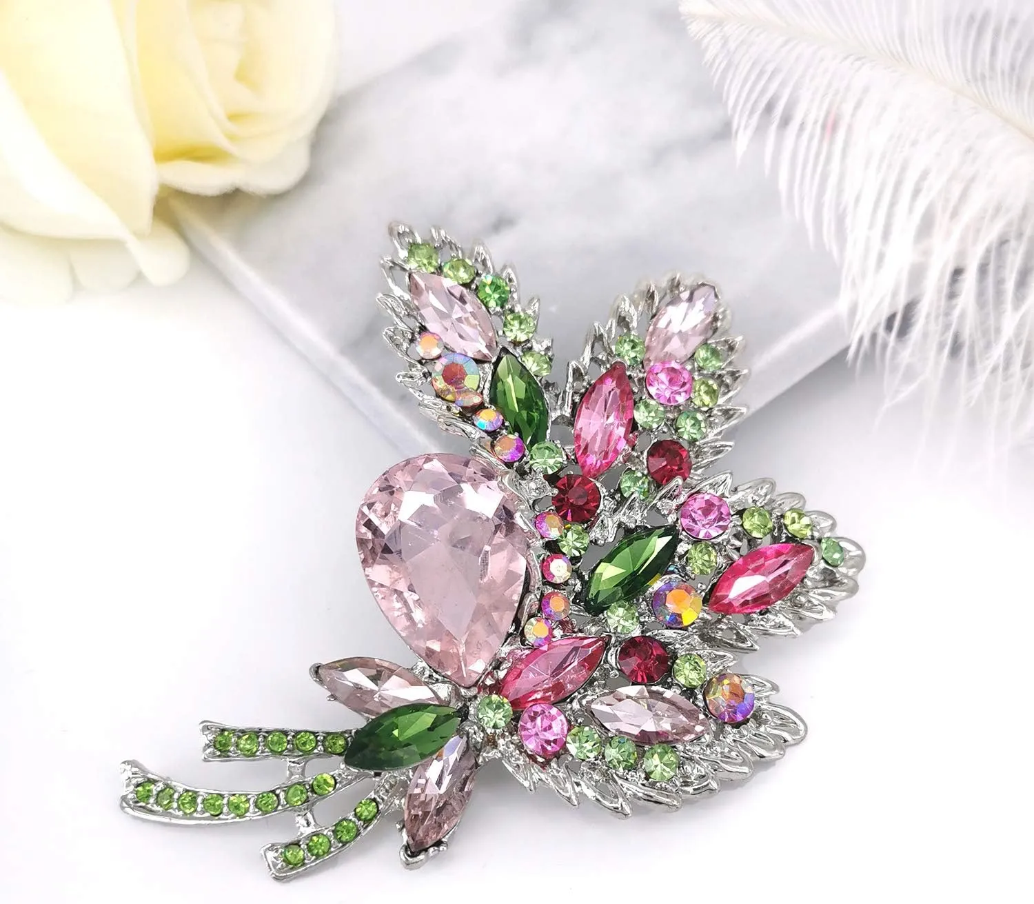 YOQUCOL Big Large Brooch Pin Austrian Crystal Leaf Shape Bouquet Rhinestone Scarf Decoration Wreath Cloth Brooches Pins For Women Girls