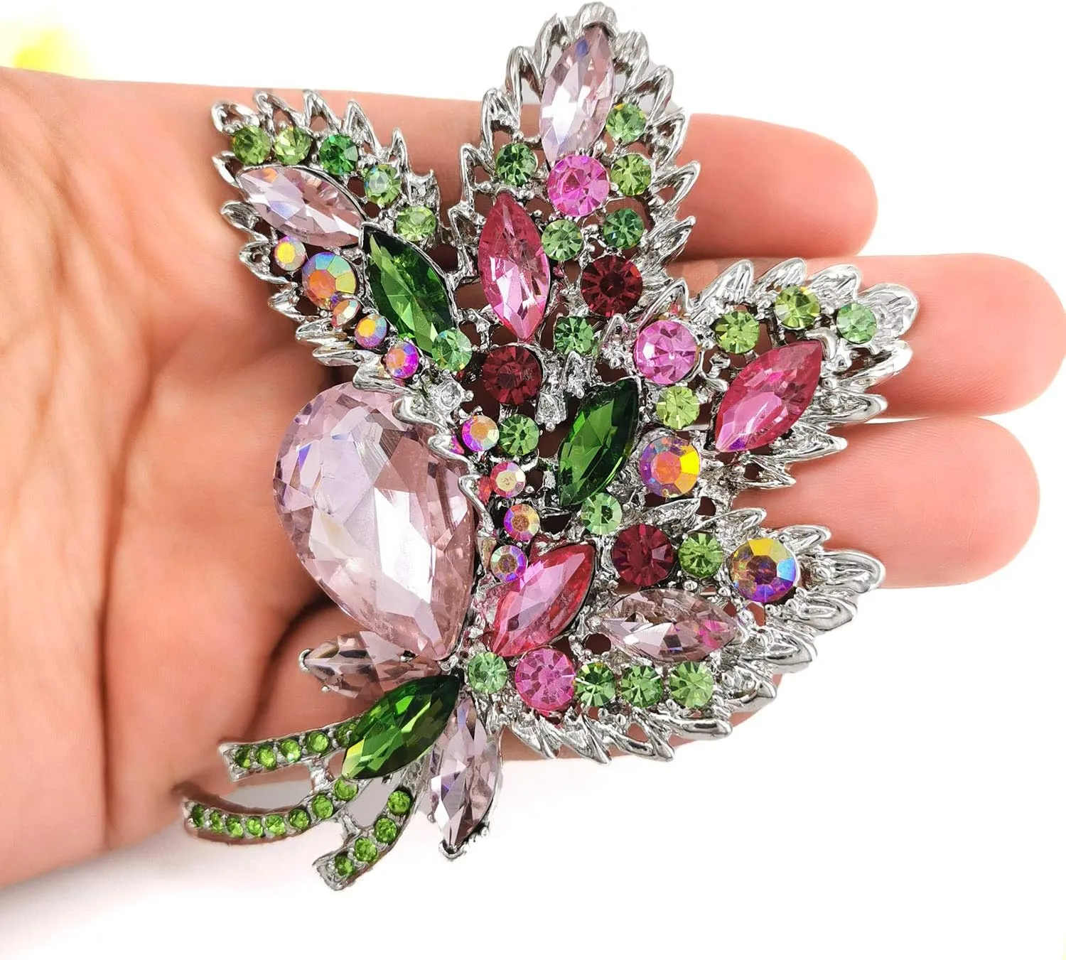 YOQUCOL Big Large Brooch Pin Austrian Crystal Leaf Shape Bouquet Rhinestone Scarf Decoration Wreath Cloth Brooches Pins For Women Girls