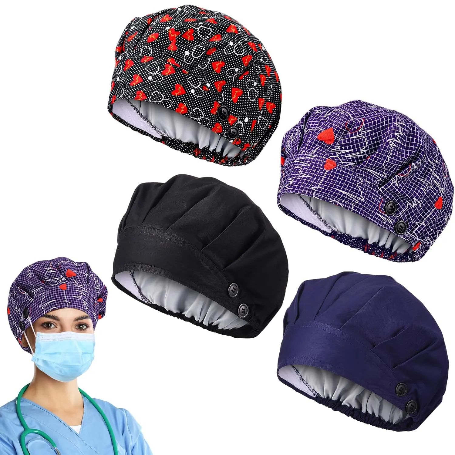 Zhengmy 4 Pcs Bouffant Scrub Cap with Buttons and Sweatband Adjustable Satin Lined Surgical Caps for Women Men Nurse