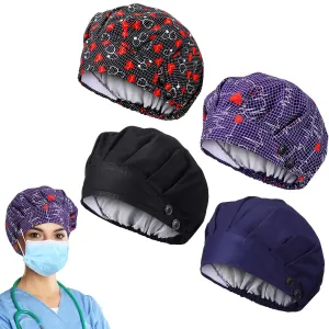 Zhengmy 4 Pcs Bouffant Scrub Cap with Buttons and Sweatband Adjustable Satin Lined Surgical Caps for Women Men Nurse
